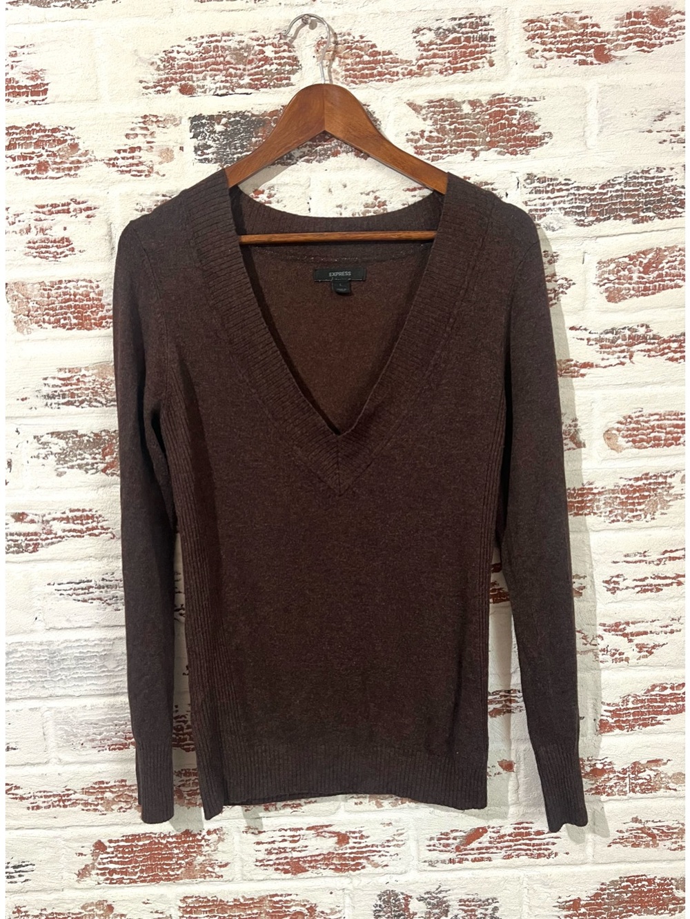 Express Women’s Deep V-Neck Pullover Knit Sweater Dark Brown L